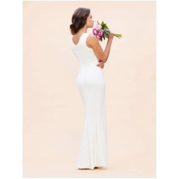 Dress The Population Women's Off White Sandra Crepe Stretch V-Neck Slit Sz S - Picture 4 of 9